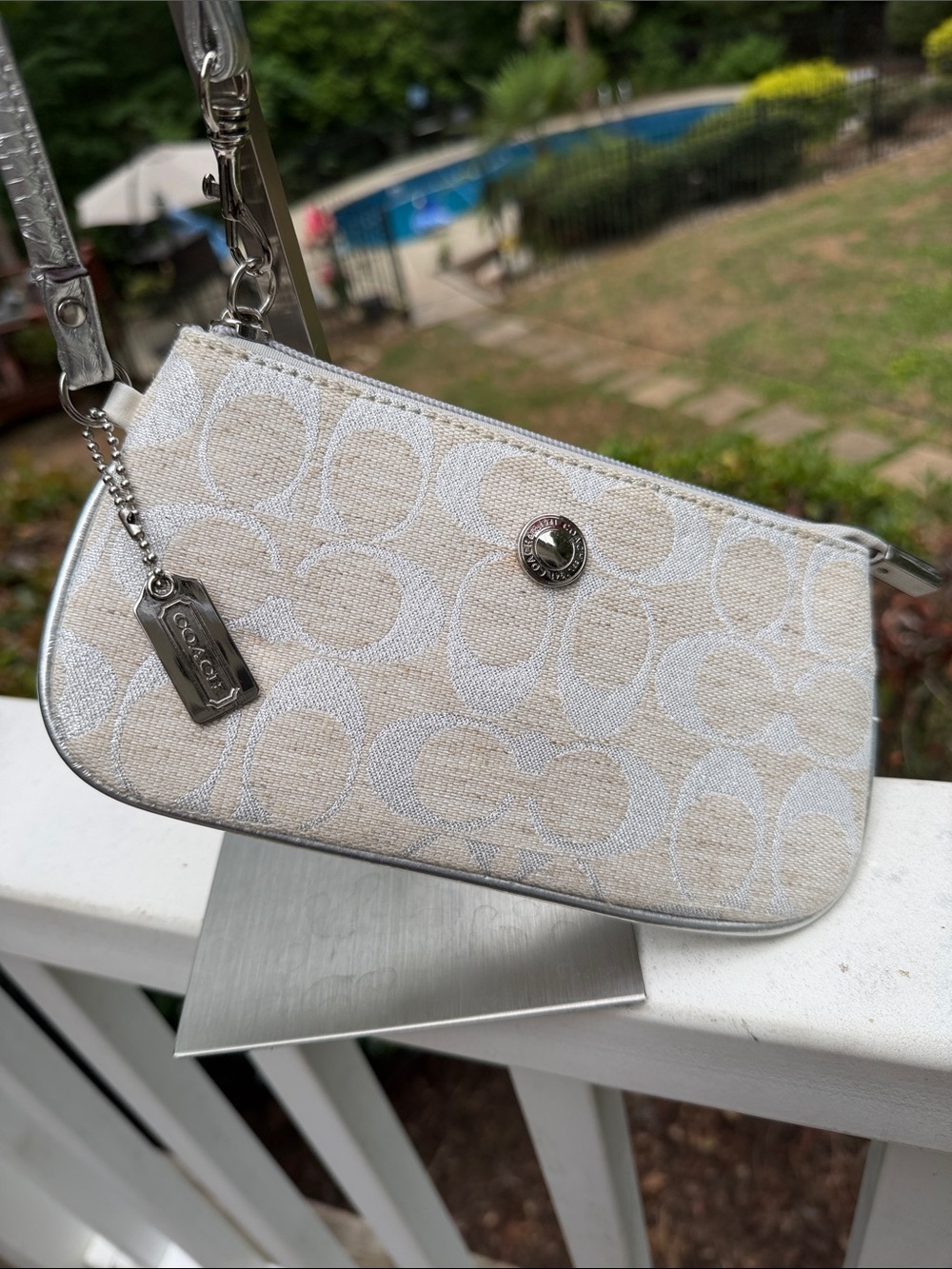 Coach Cream and Metallic Silver Signature  Logo Large Canvas Wristlet 7765 - Picture 15 of 16